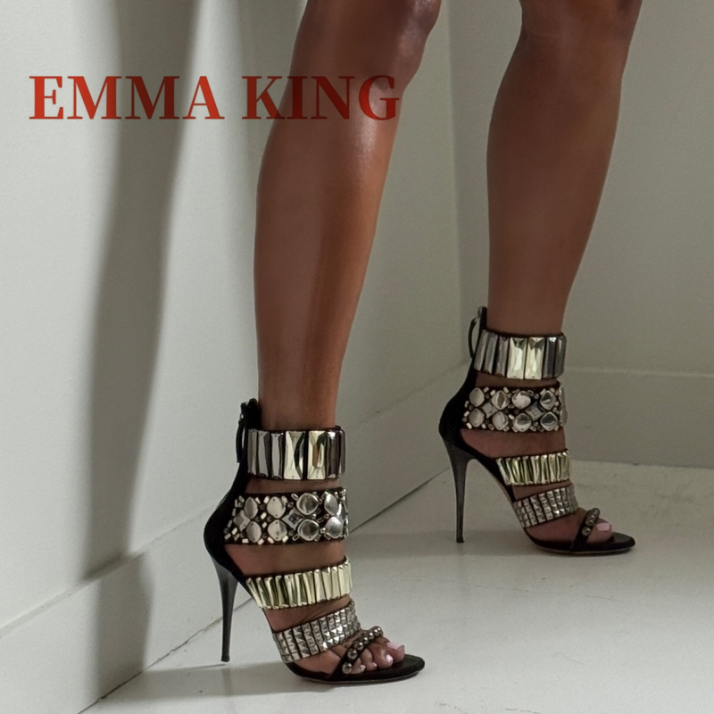 Summer Holiday Clothing Women - Schwarz verzierte Knöchelriemensandalen für den Sommer,