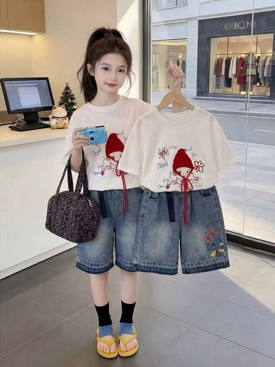 Summer Clothing Online - Sommer-Kurzarm-T-Shirt für Mädchen, Denim, lässige Mode,
