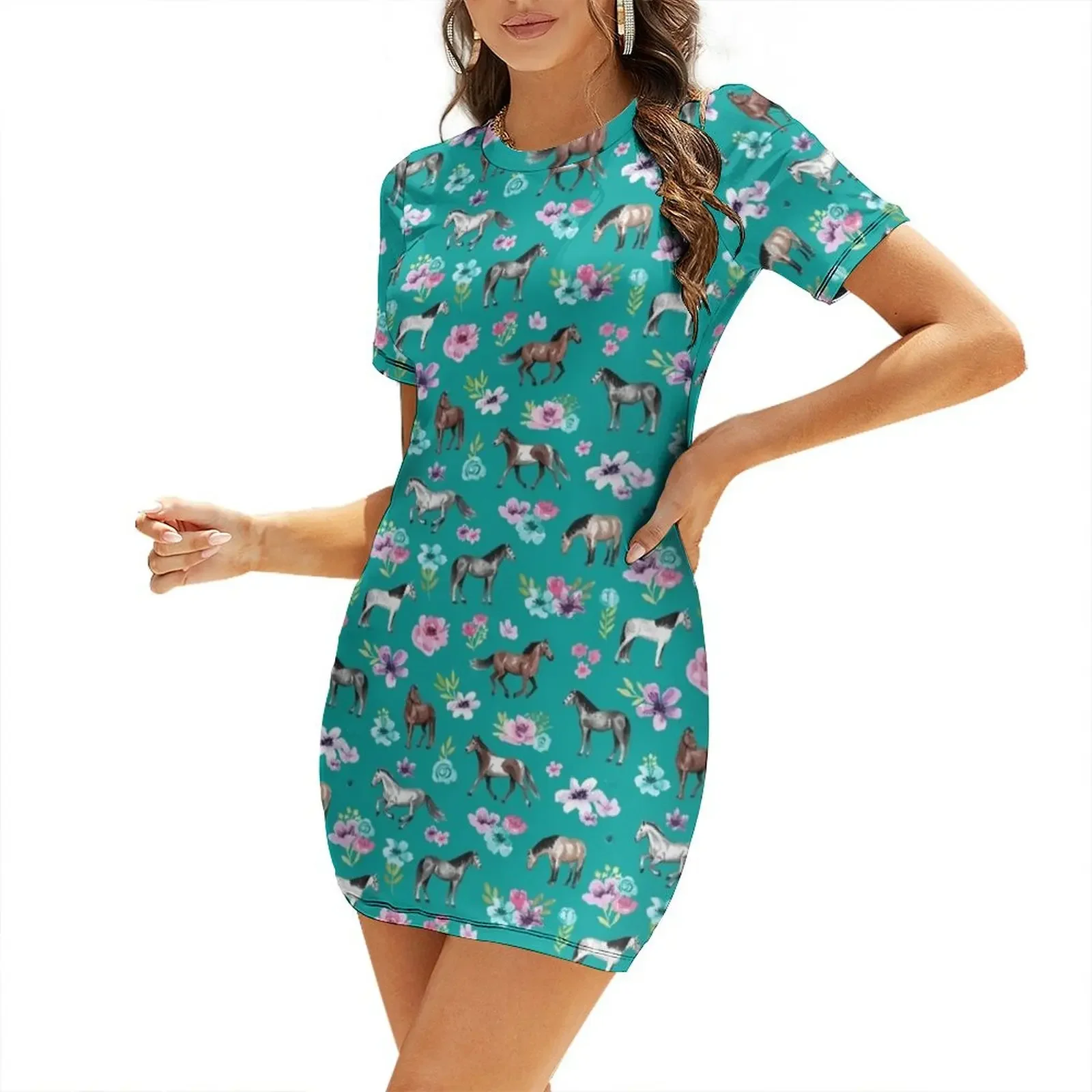 Summer Clothing Online - Pferde und Blumen auf Türkis, türkisfarbener