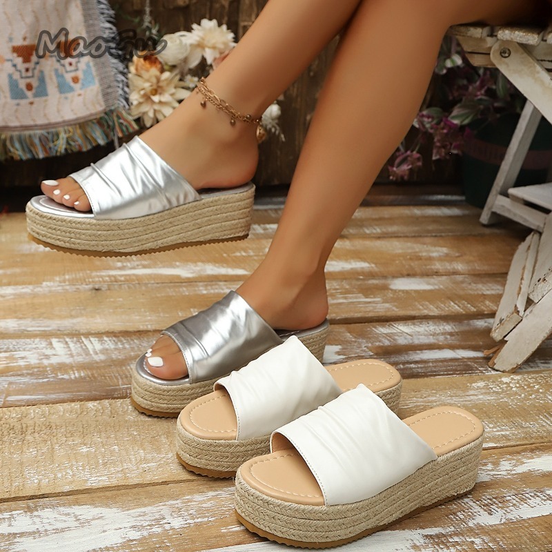 Espadrille Sandal Women - Damen Espadrille Keilabsatz-Sandalen mit Raffung, offene