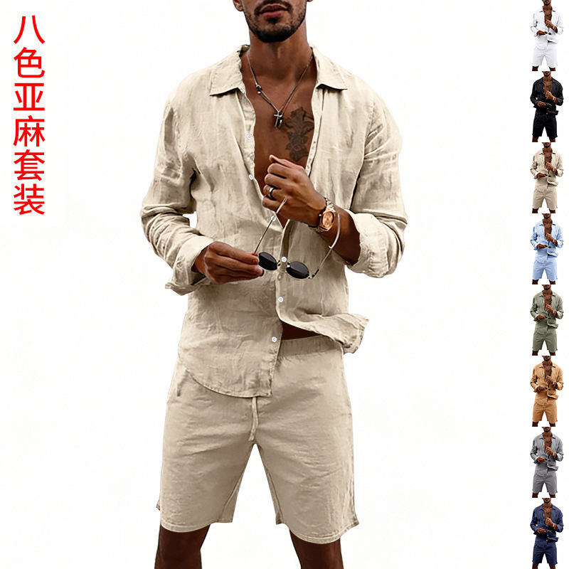 Linen Shorts Men - Sommer Herren Leinen Lässiges Langarm-Knopfhemd Strandshorts