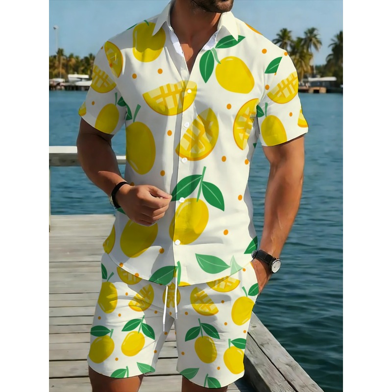 Linen Shorts Men - Herren Leinen-Print Kurzarmhemd und Shorts Set