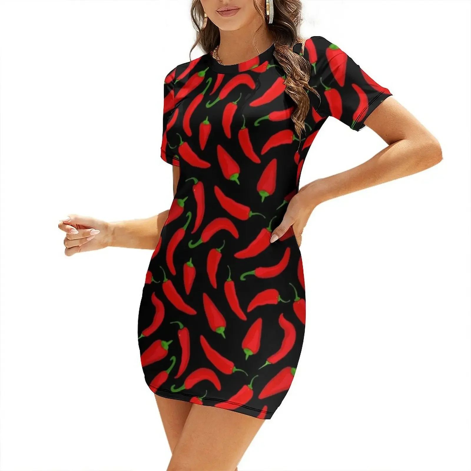 Summer Clothing Online - Rotes Chilischotenmuster auf schwarzem Kurzarmkleid, Kleider