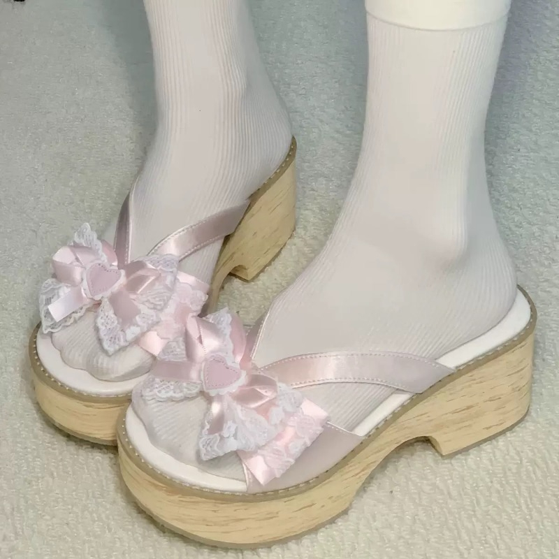 Summer Holiday Clothing Women - Süße Schleifen-Holzmaserung Plateau-Slipper für Damen –