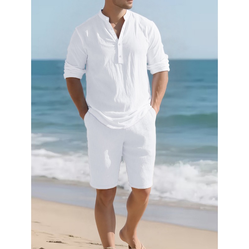 Linen Shorts Men - Herren Weißes Leinen-Mischgewebe Zweiteiler Set Henley