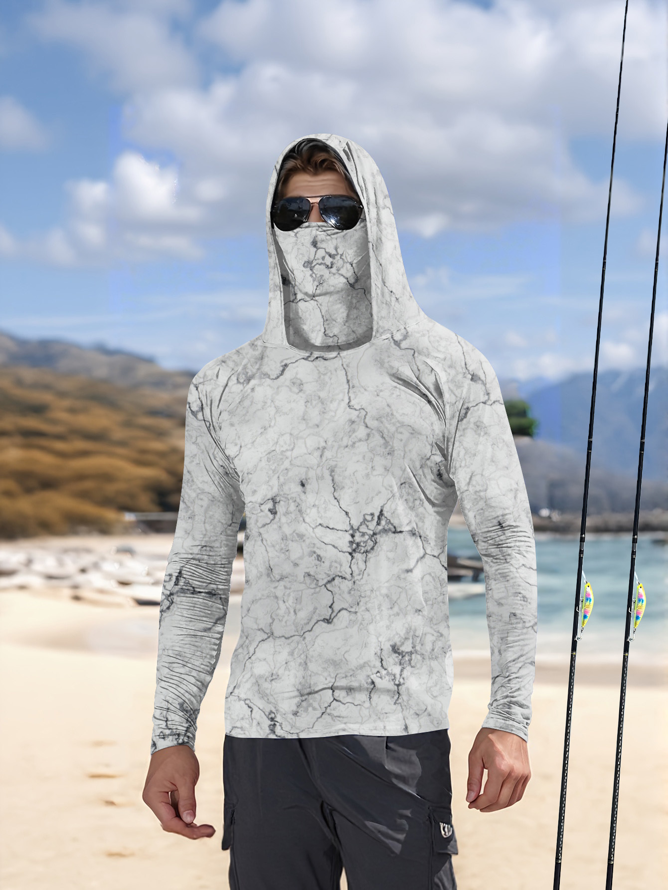 Summer Uv Clothing - Herren Angelhemd mit Kapuze, Langarm, Angelbekleidung,