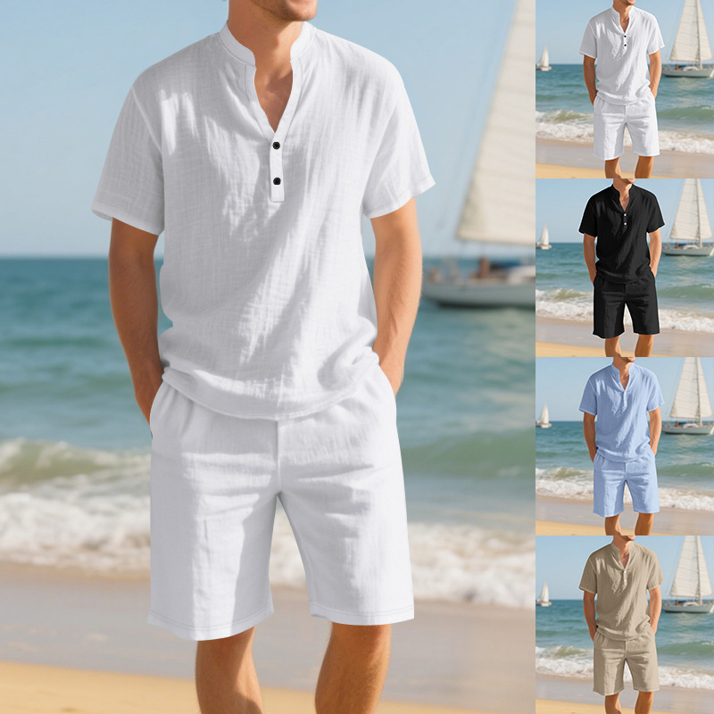 Linen Shorts Men - Sommerliches, lockeres Leinen-Henley-Shirt für Herren, Kurzarm-Shorts,